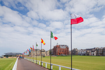 A view of the country flags along the 18th hole of the historic Old Course at St. Andrews Links in Fife, Scotland