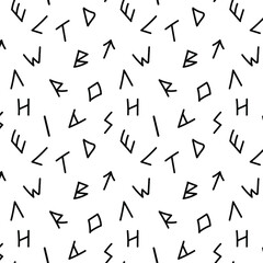 Scattered english letters alphabet seamless pattern. Old elf, mystic runic divine language for book cover, wrapping paper. Esoteric, occult, magic. Fortune telling, predicting the future.