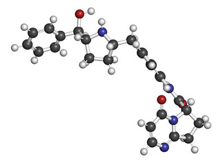 Vibegron drug molecule. 3D rendering. Atoms are represented as spheres with conventional color coding: hydrogen (white), carbon (grey), nitrogen (blue), oxygen (red).