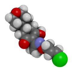 Tepraloxydim herbicide molecule. 3D rendering. Atoms are represented as spheres with conventional color coding: hydrogen (white), carbon (grey), nitrogen (blue), oxygen (red), chlorine (green).