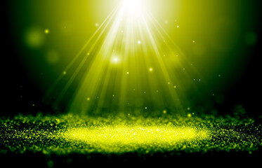 Green and Gold sparkle rays glitter lights with spotlight bokeh elegant show on stage abstract background. Dust sparks background.Spotlight background