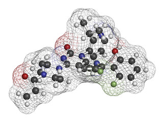 Sotorasib cancer drug molecule. 3D rendering. Atoms are represented as spheres with conventional color coding: hydrogen (white), carbon (grey), nitrogen (blue), oxygen (red), fluorine (light green).