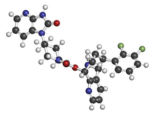 Rimegepant migraine drug molecule. 3D rendering. Atoms are represented as spheres with conventional color coding