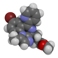 Remimazolam drug molecule. 3D rendering. Atoms are represented as spheres with conventional color coding: hydrogen (white), carbon (grey), nitrogen (blue), oxygen (red), bromine (brown).