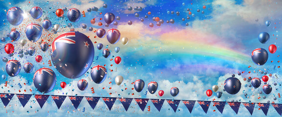 Waitangi Day, National Day of New Zealand celebration banner showing lots of flag printed balloons flying in the rainbow sky, flags garland and confetti. 3D illustration rendered in large format