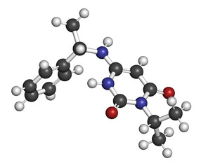 Mavacamten drug molecule. 3D rendering. Atoms are represented as spheres with conventional color coding: hydrogen (white), carbon (grey), nitrogen (blue), oxygen (red).
