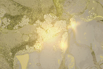 Abstract green and grey marble texture with sparkles. Vector background in alcohol ink technique. Modern paint with glitter. Template for banner, poster design. Fluid art painting