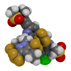 Lenacapavir antiviral drug molecule. 3D rendering. Atoms are represented as spheres with conventional color coding