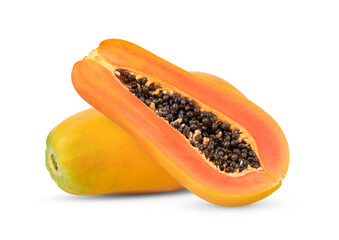 ripe papaya fruit with seeds on white background