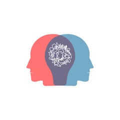 Two human heads solving a problem. Psychology icon concept isolated on white background. Vector illustration