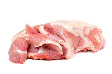 Raw meat close-up. a piece of raw pork shoulder in close-up. Pork tenderloin on a white isolated background.
