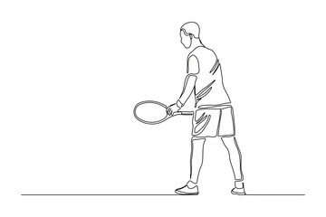 Continuous line drawing of man playing tennis tournament. Single one line art of Sport and healthy lifestyle. Vector illustration