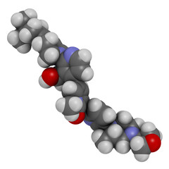 Fenebrutinib drug molecule. 3D rendering. Atoms are represented as spheres with conventional color coding: hydrogen (white), carbon (grey), nitrogen (blue), oxygen (red).