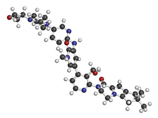 Fenebrutinib drug molecule. 3D rendering. Atoms are represented as spheres with conventional color coding: hydrogen (white), carbon (grey), nitrogen (blue), oxygen (red).