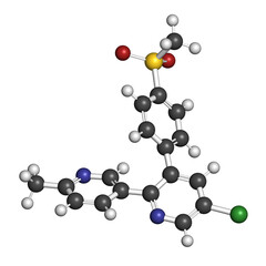 Etoricoxib drug molecule. 3D rendering. Atoms are represented as spheres with conventional color coding