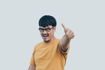 adult asian man.young male person wear eye glasses.posing smiling laughing look excited surprised thinking positive happy.empty,copy space for text advertising.white background.attractive fashion