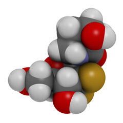 Cedazuridine drug molecule. 3D rendering. Atoms are represented as spheres with conventional color coding: hydrogen (white), carbon (grey), nitrogen (blue), oxygen (red), fluorine (gold).