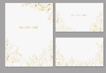 Set of vector cards with golden lilies on a white background. Line art