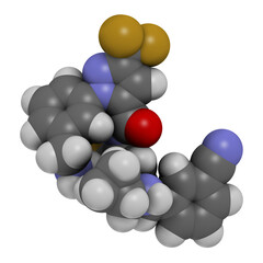 Berotralstat hereditary angioedema drug molecule. 3D rendering. Atoms are represented as spheres with conventional color coding: hydrogen (white), carbon (grey), nitrogen (blue), oxygen (red),  etc