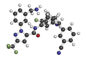 Berotralstat hereditary angioedema drug molecule. 3D rendering. Atoms are represented as spheres with conventional color coding: hydrogen (white), carbon (grey), nitrogen (blue), oxygen (red), etc