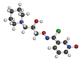 Arimoclomol drug molecule. 3D rendering. Atoms are represented as spheres with conventional color coding: hydrogen (white), carbon (grey), nitrogen (blue), oxygen (red), chlorine (green).