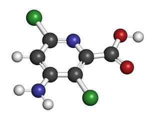 Aminopyralid herbicide molecule. 3D rendering. Atoms are represented as spheres with conventional color coding: hydrogen (white), carbon (grey), nitrogen (blue), oxygen (red), chlorine (green).