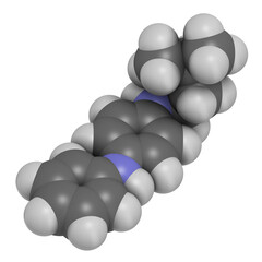 6PPD rubber additive molecule. Toxic to salmon. 3D rendering. Atoms are represented as spheres with conventional color coding: hydrogen (white), carbon (grey), oxygen (red), nitrogen (blue).