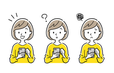 ベクターイラスト素材：スマートフォンを使う若い女性、セット
