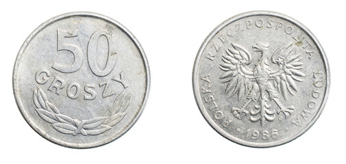 fifty polish zloty coin on a white isolated background - obrazy, fototapety, plakaty
