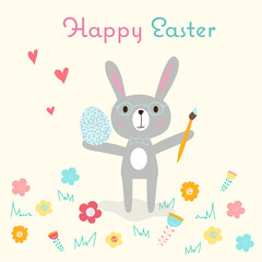 Happy Easter greeting card with an easter bunny in glasses, Easter painted egg and art brush surrounded by flowers and grass. Bright, funny, cute editable EPS 10 easter graphic illustration. 