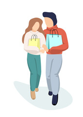 Young couple in love guy and girl walk together from store holding shopping bag in hand and cuddling. Man hugs woman in supermarket with purchases. Buyer relationship vector isolated eps illustration