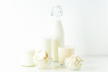 Different milk products: milk, cheese and yoghurt