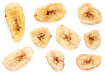 Banana chips isolated on white background.