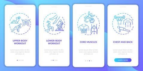 Workout types onboarding mobile app page screen with concepts. Upper-body training, chest and back walkthrough 4 steps graphic instructions. UI vector template with RGB color illustrations