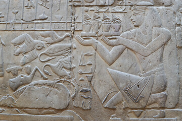 Ancient Egyptian wall relief showng the kneeling Pharaoh presenting offerings to the gods