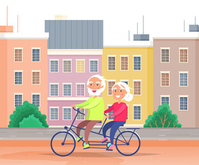 Fototapeta na wymiar Family walking in the city park and riding a bike together. Elderly people on a date outdoors. Characters ride a tandem around the city. Joint pastime in open area against the background of buildings