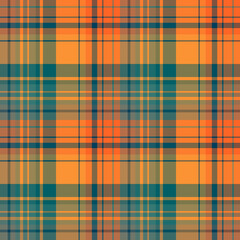 Seamless pattern in orange, dark blue and water green colors for plaid, fabric, textile, clothes, tablecloth and other things. Vector image.