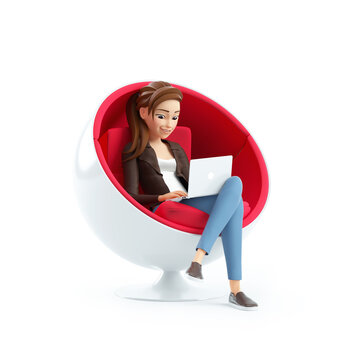 3d cartoon woman sitting in spherical chair with laptop