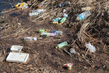 Plastic waste abandoned on the riverbank