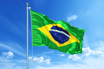 Brazil flag waving on a high quality blue cloudy sky, 3d illustration