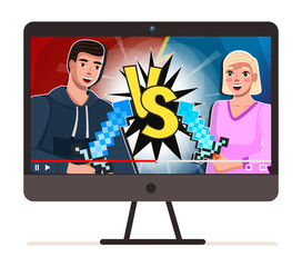 Video on the monitor screen. A man with a sword in his hands fights a girl with blond hair. People are smiling and filming content on YouTube. Computer isolated on white background vector illustration
