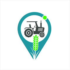 tractor with a field of wheat, icon for tractor location, icon for field of wheat.