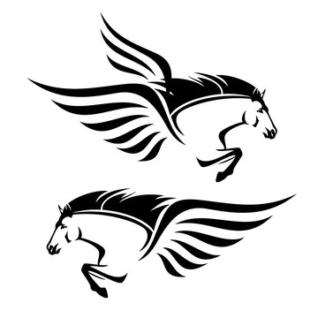pegasus winged horse head and front legs - greek mythology inspiration symbol animal flying forward black and white vector design