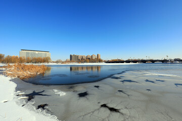 Natural scenery after winter snow in a park in North China