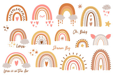 Baby rainbow set. Rainbow kids design pastel shapes Hand drawn cute rainbows collection doodle sweet elements.