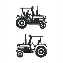 a collection of tractor icons, icon for farmer, icon for field of wheat.