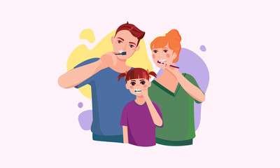 Family brushing teeth together. Concept of hygiene. Members of family brush teeth isolated on light background. Toothbrush concept. Vector illustration