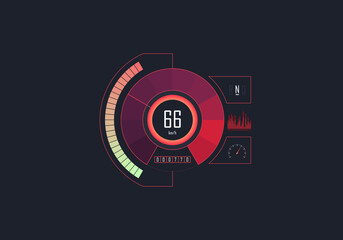 Futuristic speedometer isolated on dark background. Circle speedometer with speed measure, transmission indicator and car odometer with motor kilometers measuring the scale. Vector illustration