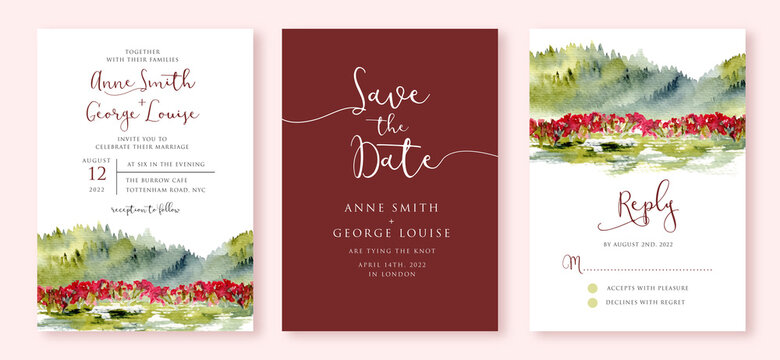 wedding invitation set with beautiful landscape watercolor