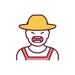 Farm cruelty RGB color icon. Angry farmer. Person in hat yelling. Human shouting. Agressive man on ranch. Unethical industry. Animal cruelty, wildlife conservation. Isolated vector illustration